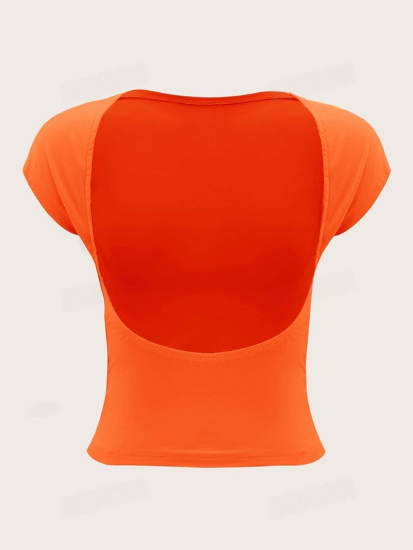 SHEIN EZwear Summer Neon Orange Backless Batwing Sleeve Slim Fit Tee SD