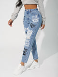 SHEIN PETITE High Waist Letter Graphic Ripped Straight Leg Jeans SD