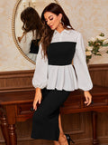 Contrast Panel Lantern Sleeve Peplum Blouse (Non-Ribbed) SD