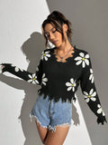 SHEIN MOOSTA Floral Pattern Distressed Trim Drop Shoulder Sweater