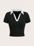 SHEIN EZwear Color Block Knitted Tight-fitting T-shirt With Contrast Collar SD