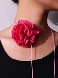 1pc Vintage French Style Burned Edge Camellia Ribbon Tie Necklace For Women