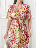 SHEIN Mulvari Floral Print Wrap Waist Ruffle Sleeve Midi Dress SD