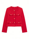 Women's Elegant Casual Tweed Jacket Round Neckline Decorated  Long Sleeves Solid Colour Coat