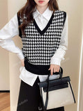 Chic V-Neck Sleeveless Pullover Vest In Houndstooth Pattern