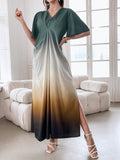 SHEIN Mulvari V-Neck Ombre Color Long Dress With Bell Sleeves SD