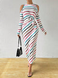 SHEIN Open Shoulder Striped Print Tie-Waist Midi Dress SD