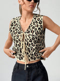 SHEIN MOOSTA Women's Summer Front Tie Loose Casual Leopard Print Sweater Vest