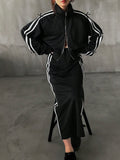 FRIFUL 2pcs Women's Contrast Side Stripe Printed Zip Jacket And Pants Casual Suit