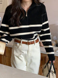 Women's Casual Striped Zipper Up Long Sleeve Knitted Sweater, Autumn Winter