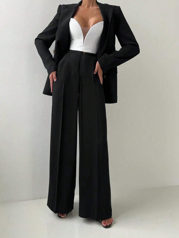 Women's Elegant Casual Fitted Blazer Jacket And Straight Leg Pants Suit Set, Fall/Winter