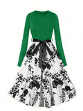 SHEIN Clasi Plain Color Splice Round Neck Front Tied Casual Dress SD