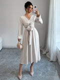 French Style V-Neck Tie Bow Design Satin Glossy Long Sleeve Dress SD