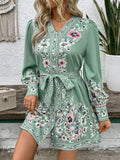 SHEIN Romantic Floral  V-Neck Puff Sleeve Waist Tie Dress SD
