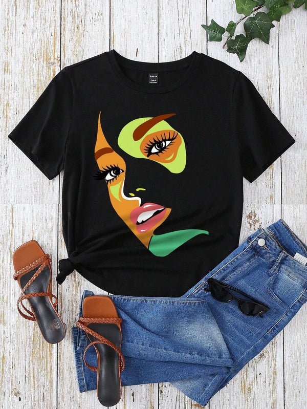 SHEIN LUNE Abstract Portrait Printed T-Shirt SD