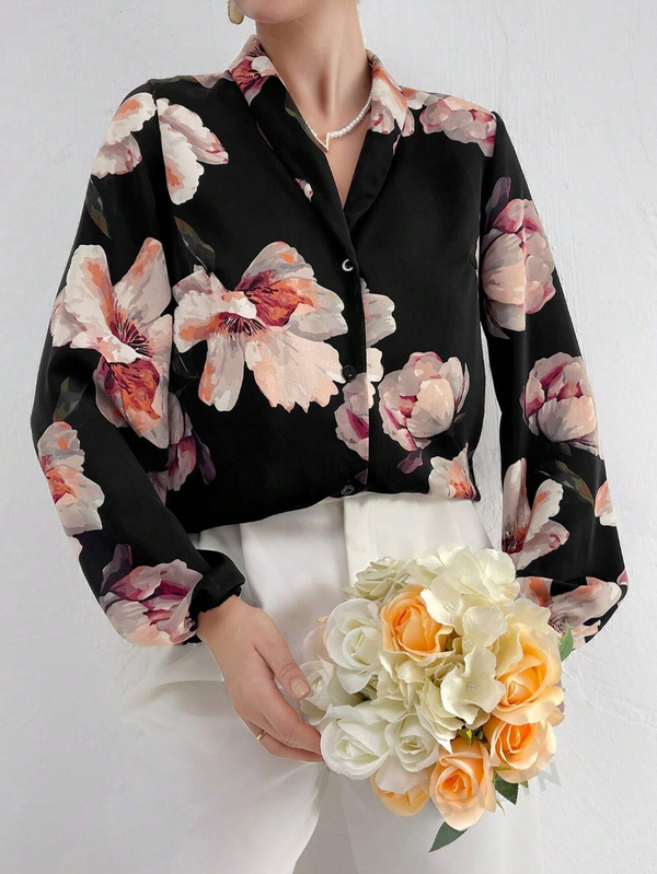 SHEIN Modely Floral Print Long Sleeve Button-Up Shirt SD