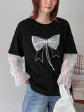 FRIFUL Designer Bowknot Printed Mesh Splice Color Block T-Shirt SD