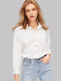 Frenchy Solid Button Up Curved Hem Shirt