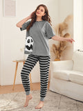 Panda Print Top & Striped Pants PJ Set