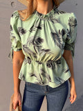 Tropical Print Mock Neck Peplum Blouse Top SD