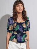 Tropical Print Shirred Peplum Blouse SD