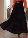 Modely Solid High Waist Belted Pleated Skirt