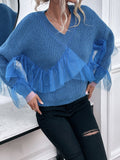 Contrast Mesh Ruffle Trim Drop Shoulder Sweater SD