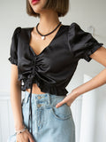 DAZY Puff Sleeve Drawstring Front Crop Blouse SD