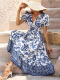 Allover Floral Print Puff Sleeve Surplice Neck Dress