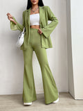 EZwear Solid Single Button Blazer & Flare Leg Pants