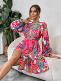 Paisley Print Lantern Sleeve Ruffle Hem Belted Dress