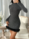 SXY Mock Neck Fuzzy Trim Glitter Bodycon Dress