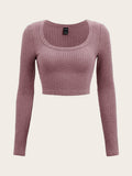 SHEIN EZwear Scoop Neck Rib-knit Crop Tee SD