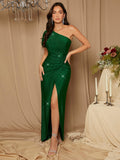 Belle One Shoulder Wrap Hem Glitter Bridesmaid Dress