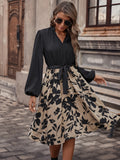 Floral Print Lantern Sleeve Belted Dress