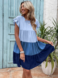 Color Block Flounce Sleeve Ruffle Hem Smock Dress