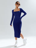 EZwear Square Neck Split Thigh Bodycon Dress