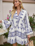 Geo Print Flounce Sleeve Smock Dress