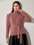 SHEIN Mulvari Funnel Neck Belted Split Hem Sweater SD