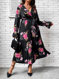 Plus Floral Print Flounce Sleeve Overlap Collar Pleated Hem Belted Dress