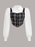 EZwear Plaid Pattern 2 In 1 Asymmetrical Hem Crop Blouse