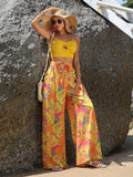 Tropical Print Tie Front Wide Leg Pants