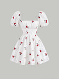 MOD Cherry Print Ruched Bust Puff Sleeve Dress