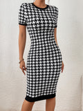 Unity Houndstooth Print Contrast Binding Bodycon Dress