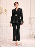 Modely Rhinestone Detail Belted Blazer & Split Hem Flare Leg Pants