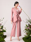 Modely Shawl Collar Belted Blazer & Wide Leg Pants