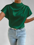 Mock Neck Batwing Sleeve Satin Blouse