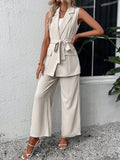 Solid Belted Vest Blazer & Wide Leg Pants