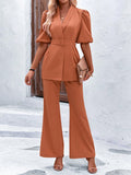 Puff Sleeve Belted Blazer & Flare Leg Pants