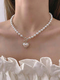 1pc Elegant Faux Pearl Beaded Heart Charm OT Buckle Necklace For Ladies For Daily Decoration